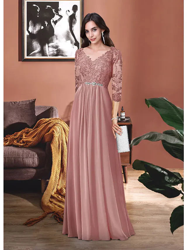Wholesale Mother of the Bride Dress Elegant V Neck Floor Length Chiffon Lace 3/4 Length Sleeve with Pleats Appliques Crystal Brooch